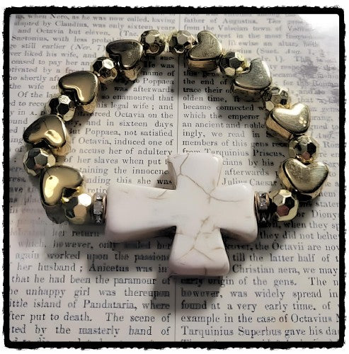 Ivory Stone Cross Heart Stretch Bracelet